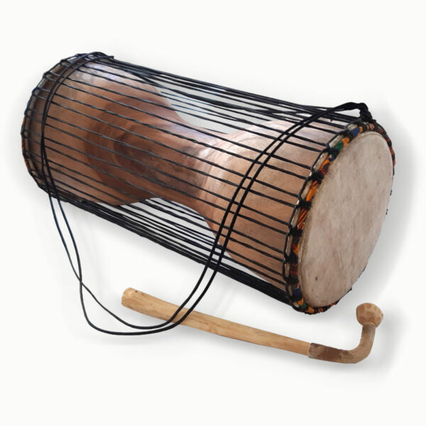 Abbildung: Dondo Talking Drum liegend mit lederverstärktem Krummstock
